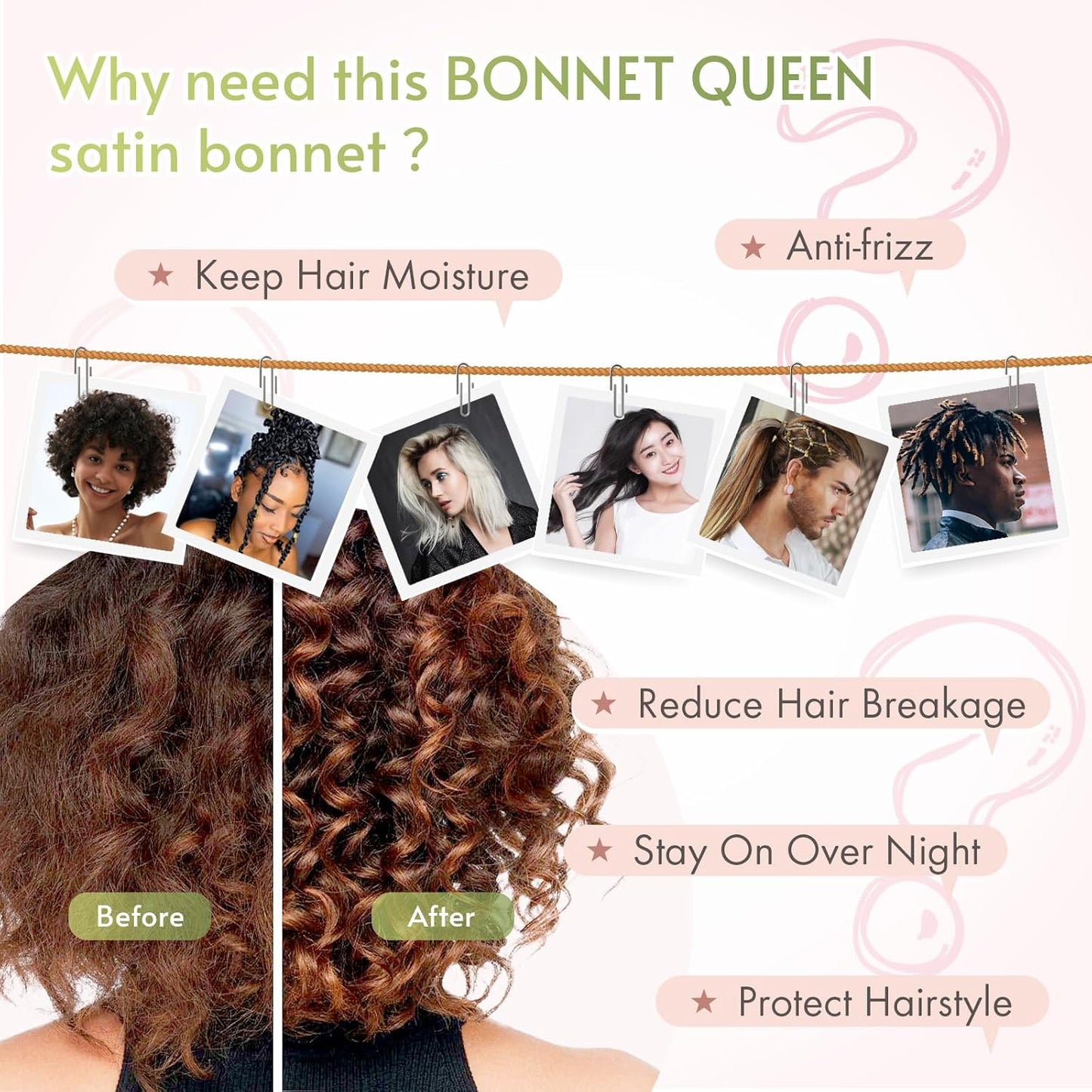 BONNET QUEEN Silk Bonnet for Sleeping Women Satin Bonnet Night Sleep Cap Wrap for Curly Hair with Adjustable Tie Band,Pink