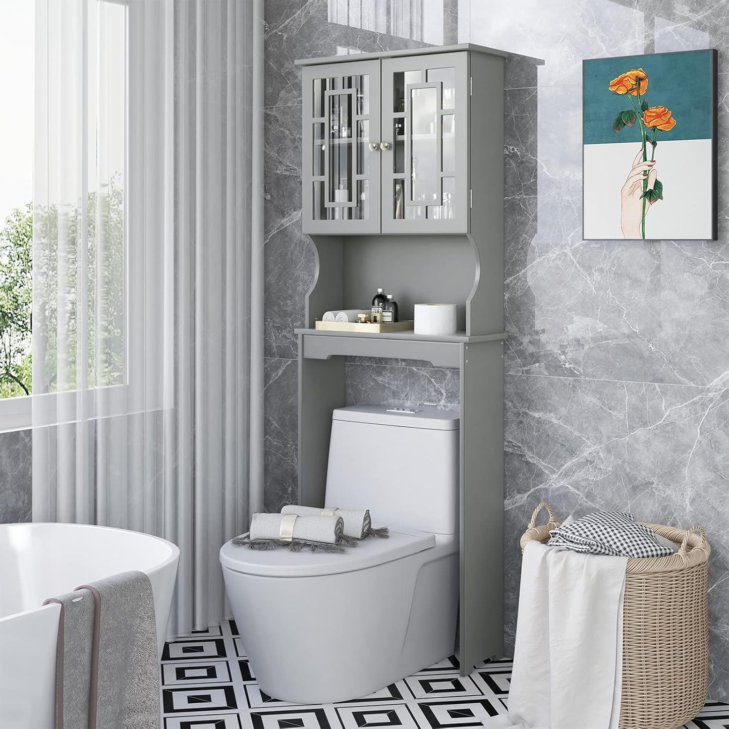 BestComfort Wooden Over The Toilet Storage Cabinet, Home Bathroom Space Saver, Double Doors, Adjustable Shelf Organizer, Open Storage Shelf, Freestanding Toilet Storage Rack Unit (Gray), Grey