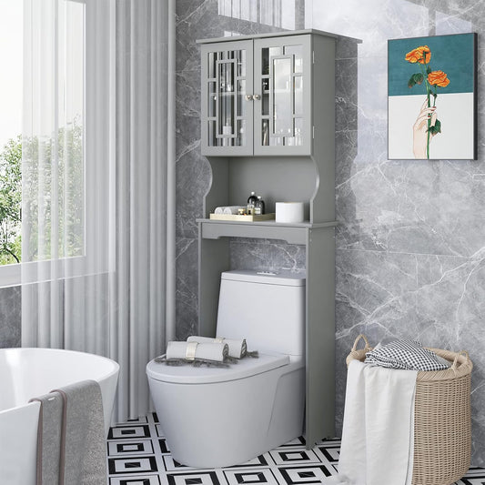 Giantex Over-The-Toilet Storage Space Saver, Bathroom Organizer with Cabinet and Shelf, Above Toilet Standing Rack (Gray)