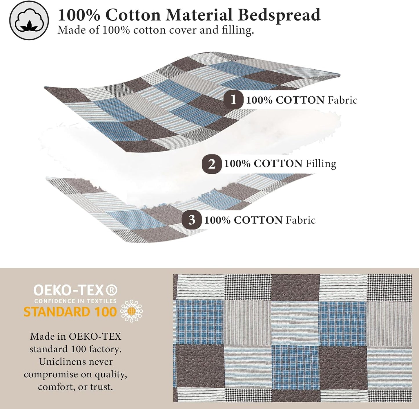 Uniclinens Plaid Quilt Set King Size, 100% Cotton Patchwork Quilt Bedding Set Bedspreads, Farmhouse Lightweight Comforter Quilted Quilt, 3 Pieces Set with 2 Pillowshams, Blue/Brown/White