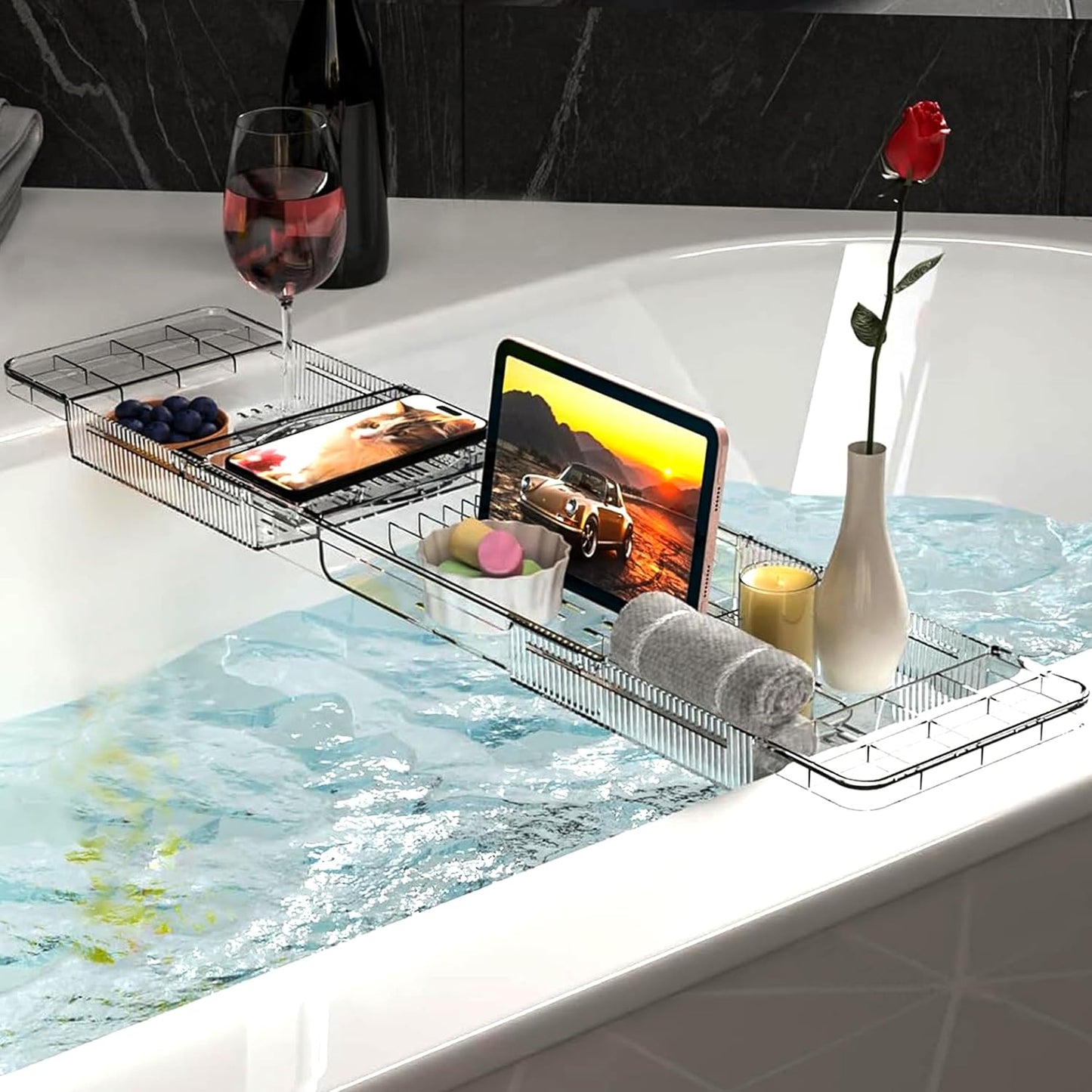 Expandable Bathtub Tray,Clear Plastic Anti-Slip Bath Tub Shelf Caddy Tray,Luxury Bathtub & Bathroom Accessories for Relaxing Spa,Suitable for bathtubs with an Internal Width of up to 29.5 inch