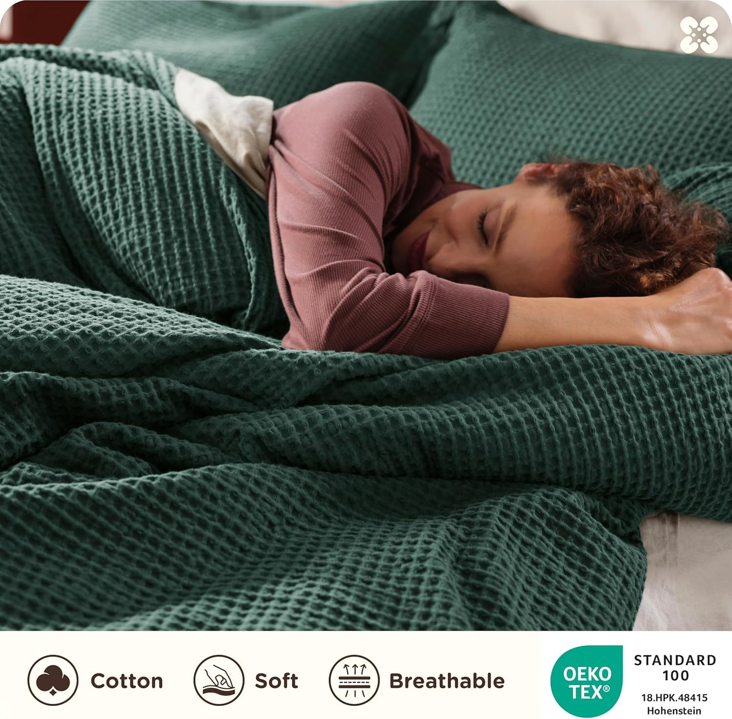Bedsure Cotton Duvet Cover Queen - 100% Cotton Waffle Weave Forest Green Duvet Cover Queen Size, GentleSoft™ and Breathable Bedding Set for All Season, 3 Pieces, 90"x90"