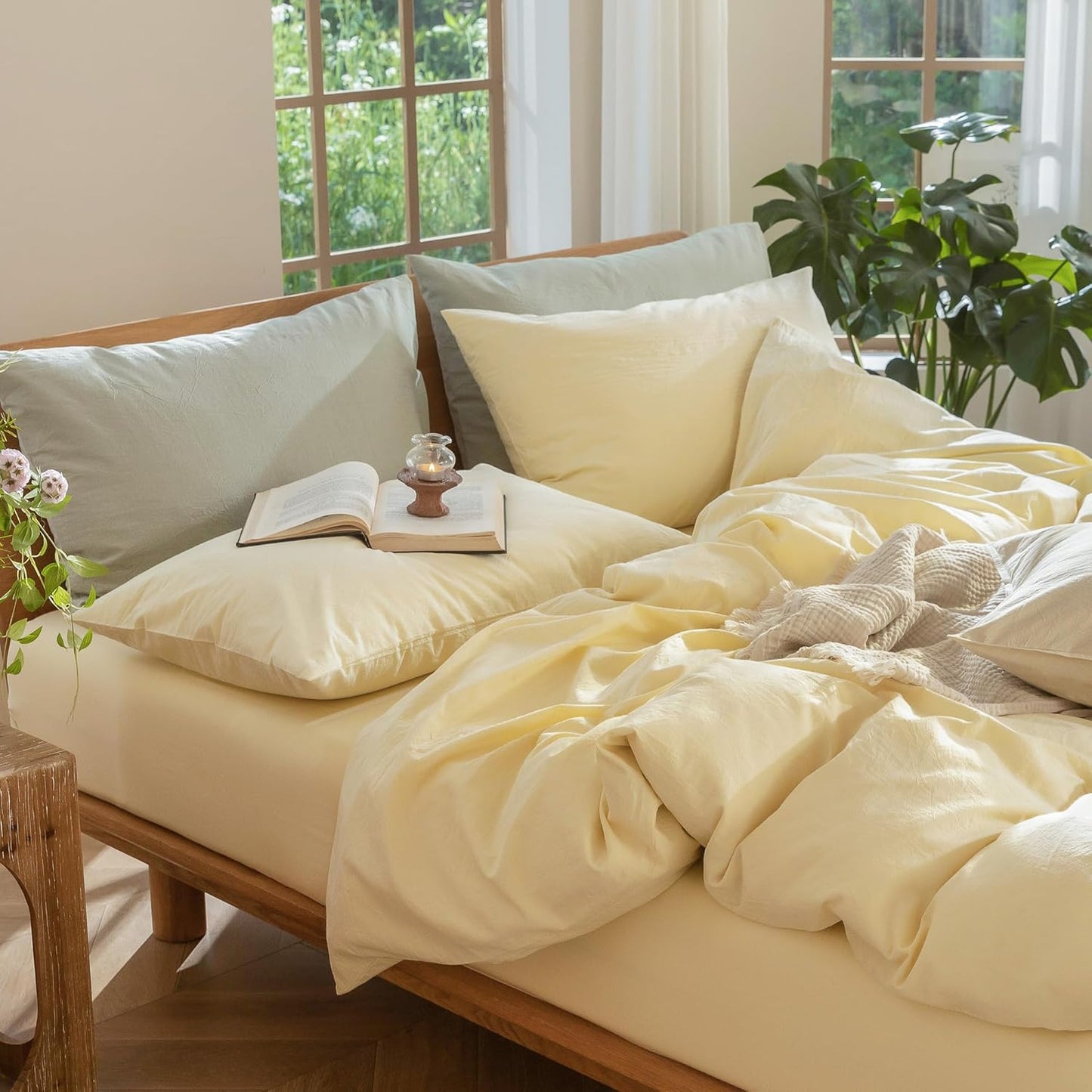 MooMee Bedding Duvet Cover Set 100% Washed Cotton Linen Like Textured Breathable Durable Soft Comfy (Heathered Butter Yellow, Oversized Queen 98"x98")