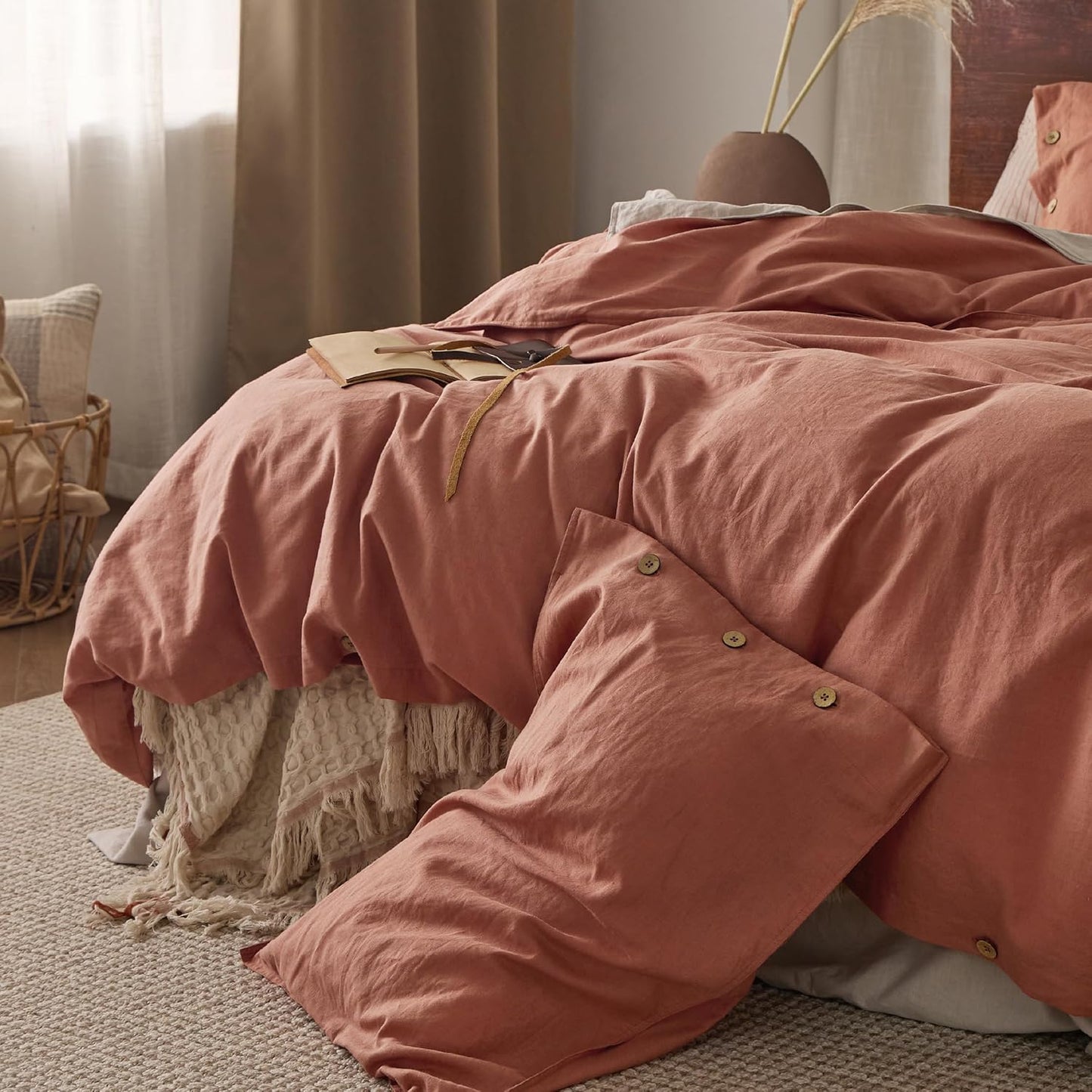 Bedsure Linen Duvet Cover King - Linen Cotton Blend Bedding Set, Soft & Cozy, 3 Pieces, 1 Duvet Cover 104x90 Inches and 2 Pillowcases, Burnt Orange Color Cooling Bedding, Comforter Sold Separately