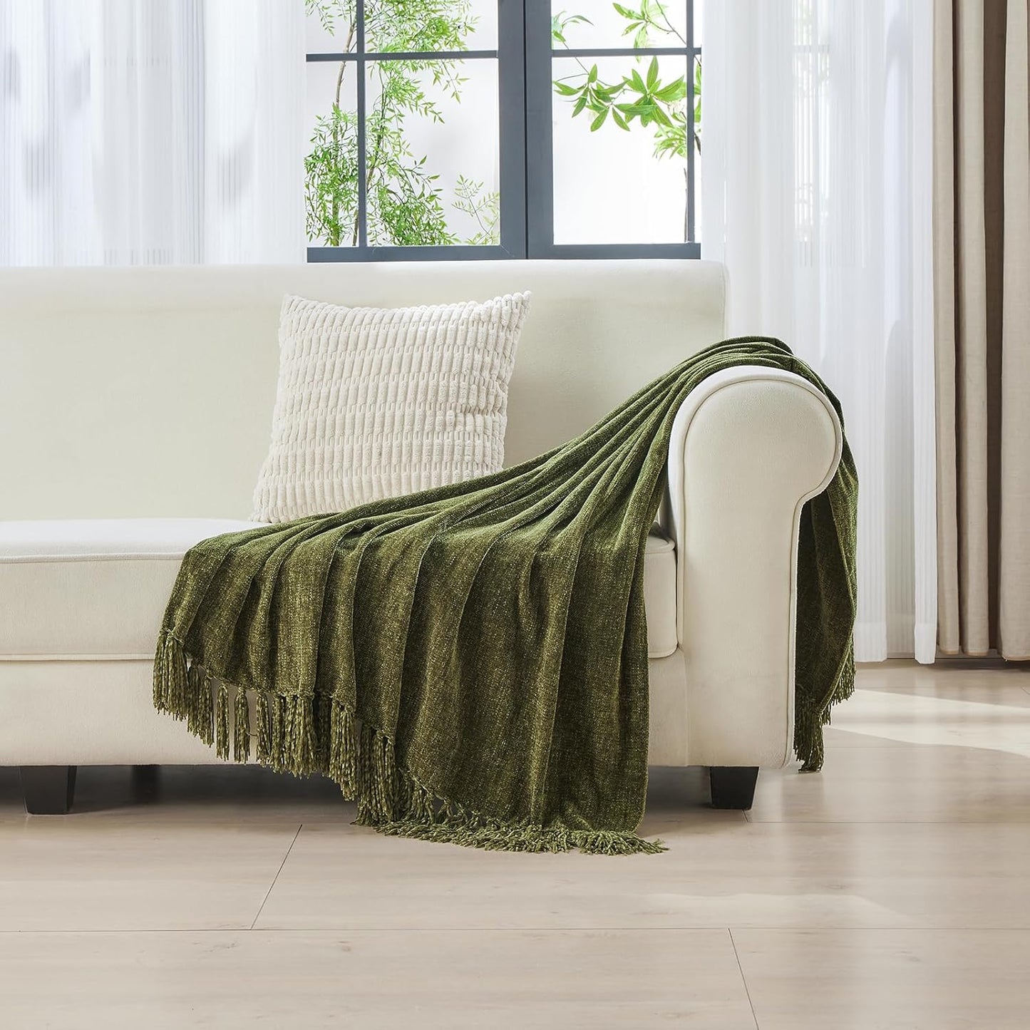 CozeCube Chenille Throw Blanket for Couch, Cozy Plush Fuzzy Decorative Olive Green Blanket with Fringe Tassels, Lightweight Throws for Bed Sofa Gift Home Decor, 50"X60"