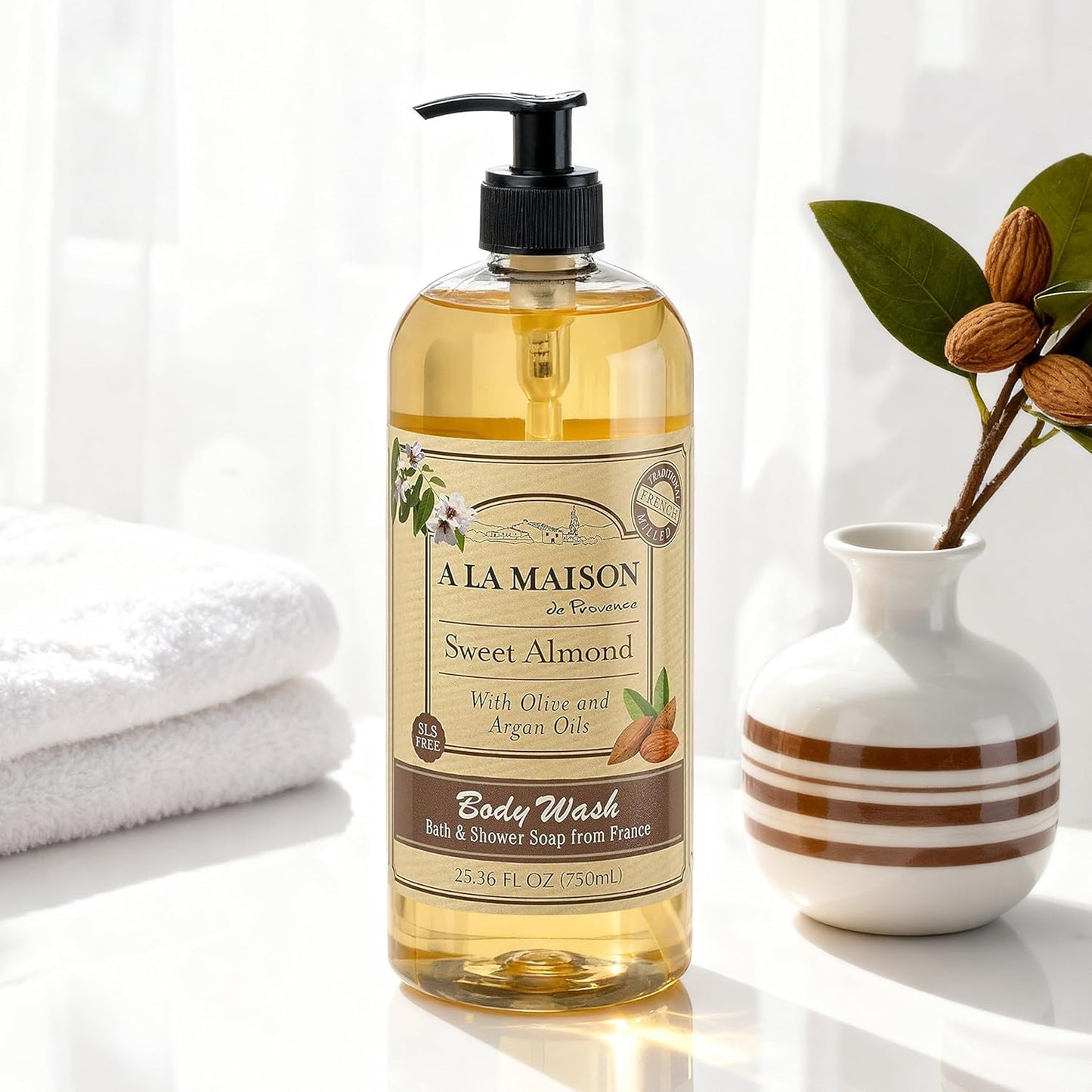 A LA MAISON French Hydrating Liquid Body Wash, Sweet Almond - Natural Body Wash Made with Essential Oils - Biodegradable, Plant-Based, Vegan, Cruelty-Free, Alcohol & Paraben Free (25.36 oz, 1 Pack)