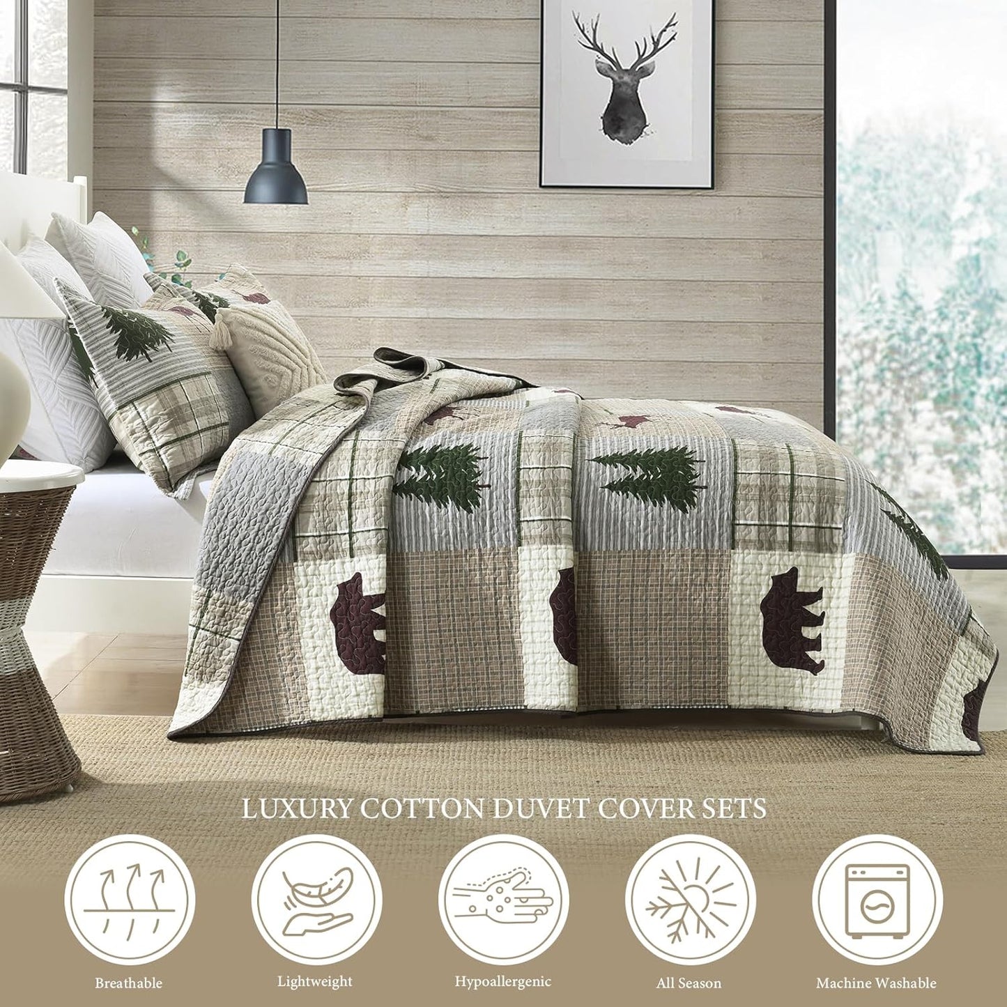 Uniclinens Quilt Set King Size, 100% Cotton Quilted Quilt Bedding Set Bedspread, Bear Tree Elk Farmhouse Rustic Quilt, Patchwork Plaid Comforter Set, 3 Pieces Set with 2 Pillowshams, Brown/Grey/Green