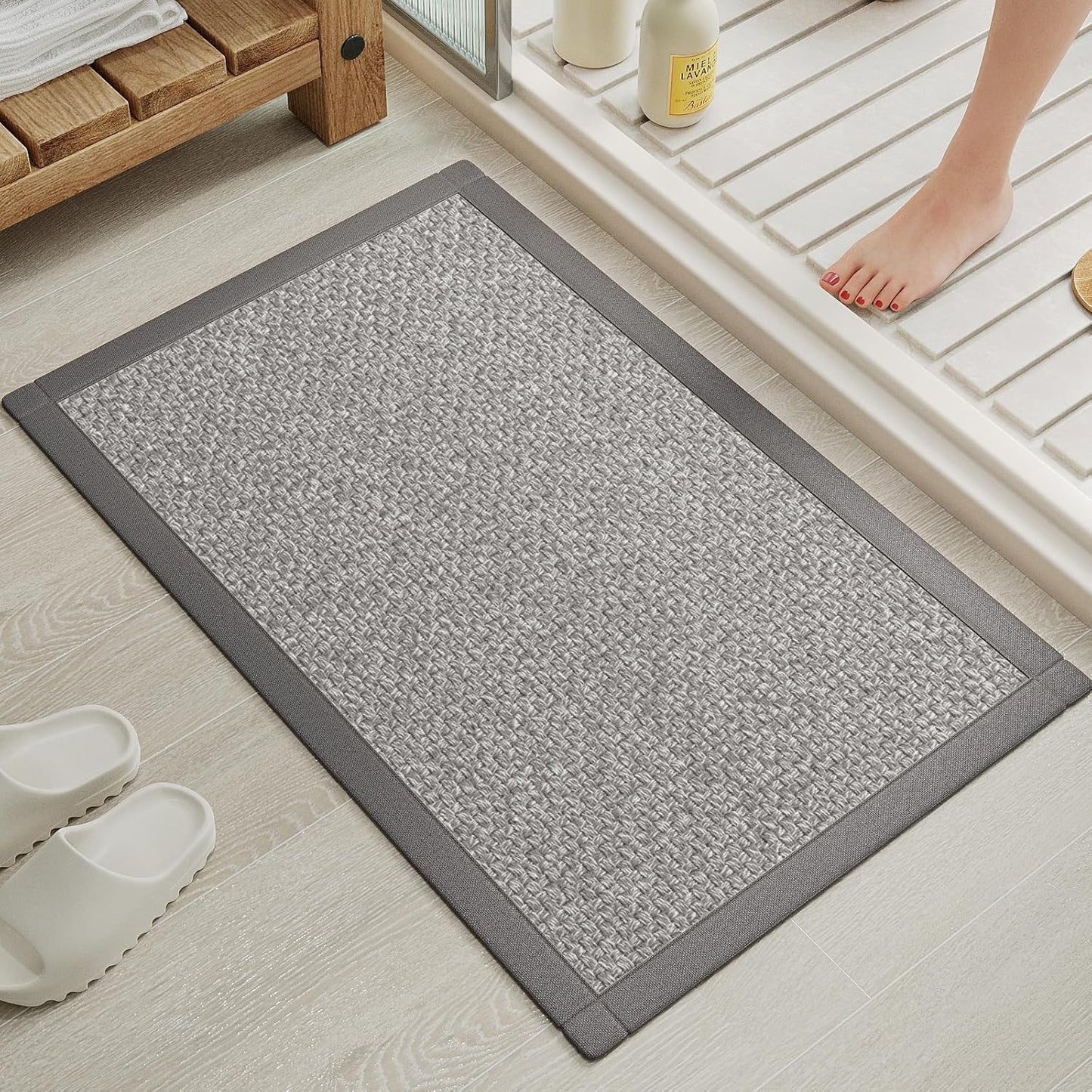 Ultra Thin Quick Dry Bathroom Rugs Mat 24x35, Non Slip Bath Mat Absorbent Bathroom Mat Floor Rubber Backed Fit Under Door, Woven Washable Bath Rugs, Gray