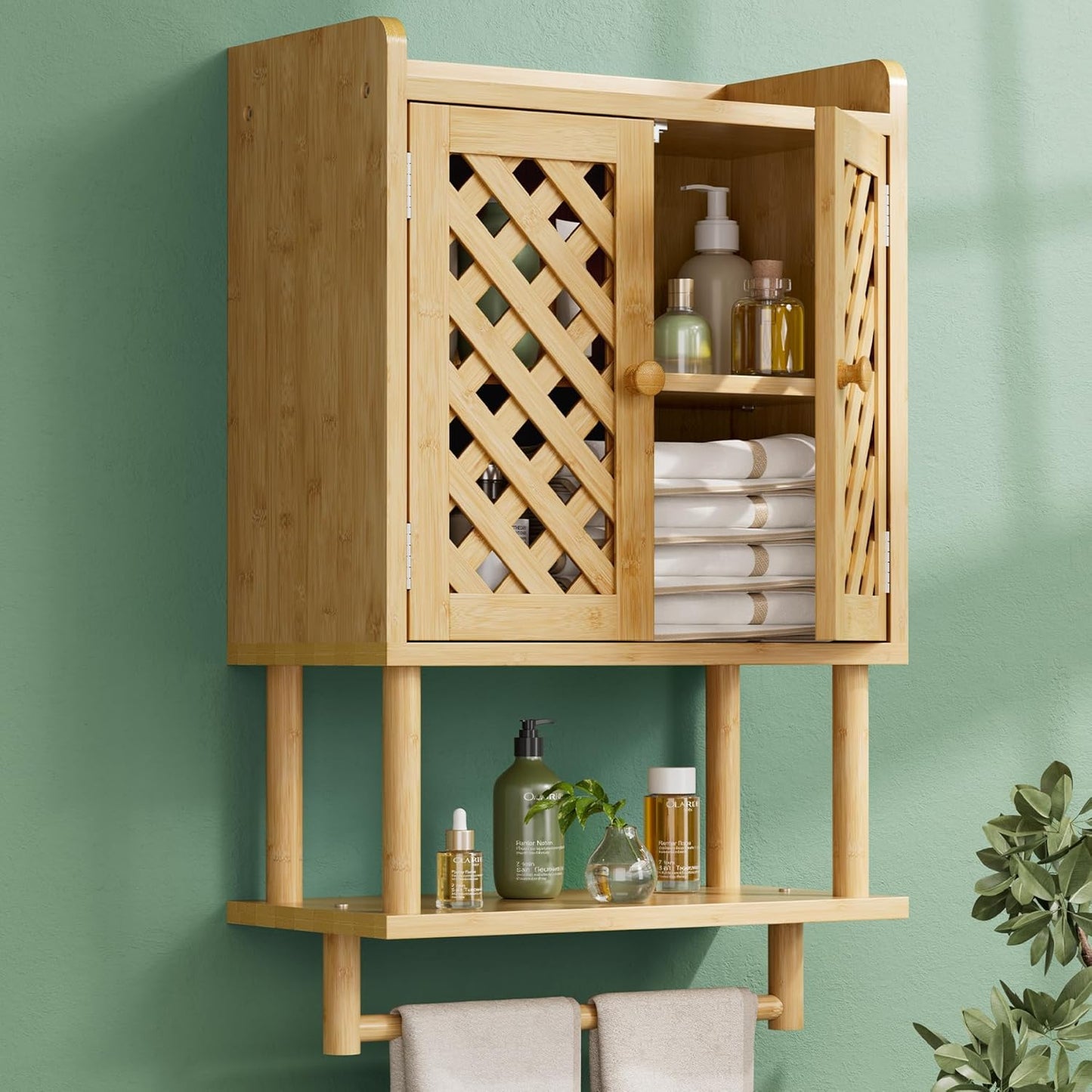 AmazerBath Bathroom Wall Cabinets, Bamboo Medicine Cabinet with Grille Door, Over The Toilet Storage Cabinet with Towel Bar, Wall Mounted Cabinet with Adjustable Shelves for Small Spaces