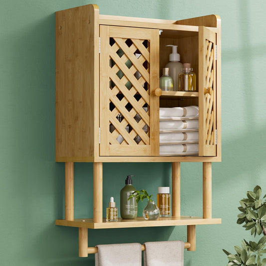 AmazerBath Bathroom Wall Cabinets, Bamboo Medicine Cabinet with Grille Door, Over The Toilet Storage Cabinet with Towel Bar, Wall Mounted Cabinet with Adjustable Shelves for Small Spaces