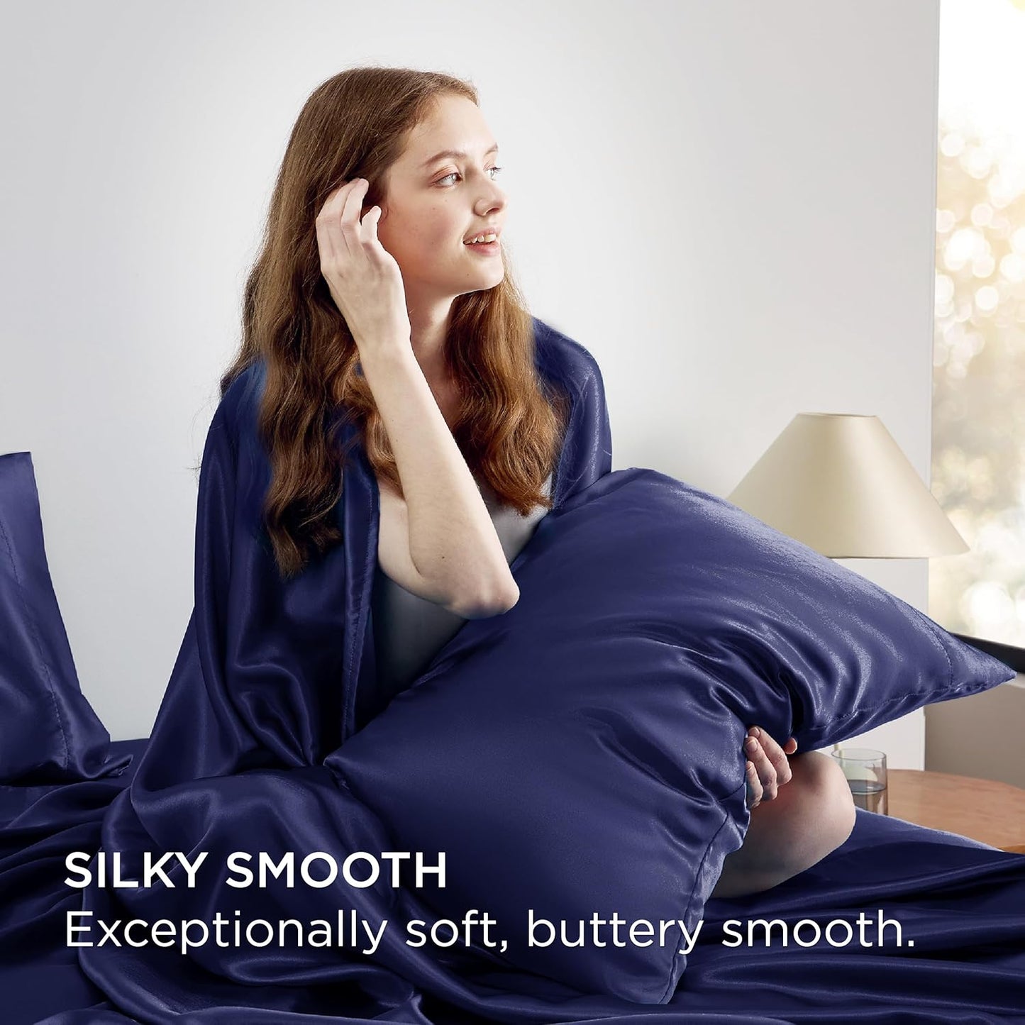 Bedsure Satin Sheets Full Size - 4 Piece Silky Bedsheets with 15 Inches Deep Pocket Fitted Bedsheet,1 Flat Sheet, 2 Satin Pillowcases, Good for Hair & Skin (Full, Navy)