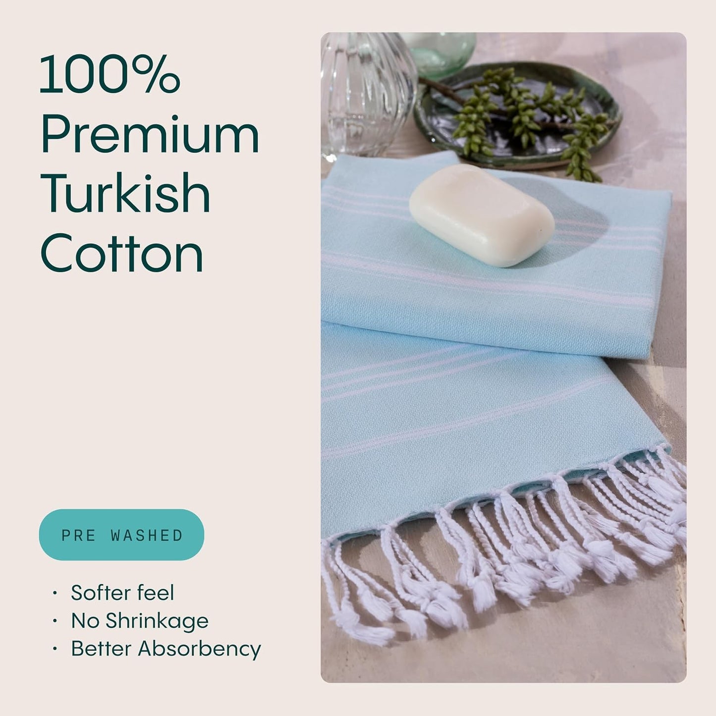 WETCAT Turkish Hand Towels with Hanging Loop, Set of 2 (20" x 30") 100% Turkish Cotton, Pre-Washed, Quick Drying, for Kitchen or Bathroom - Aqua