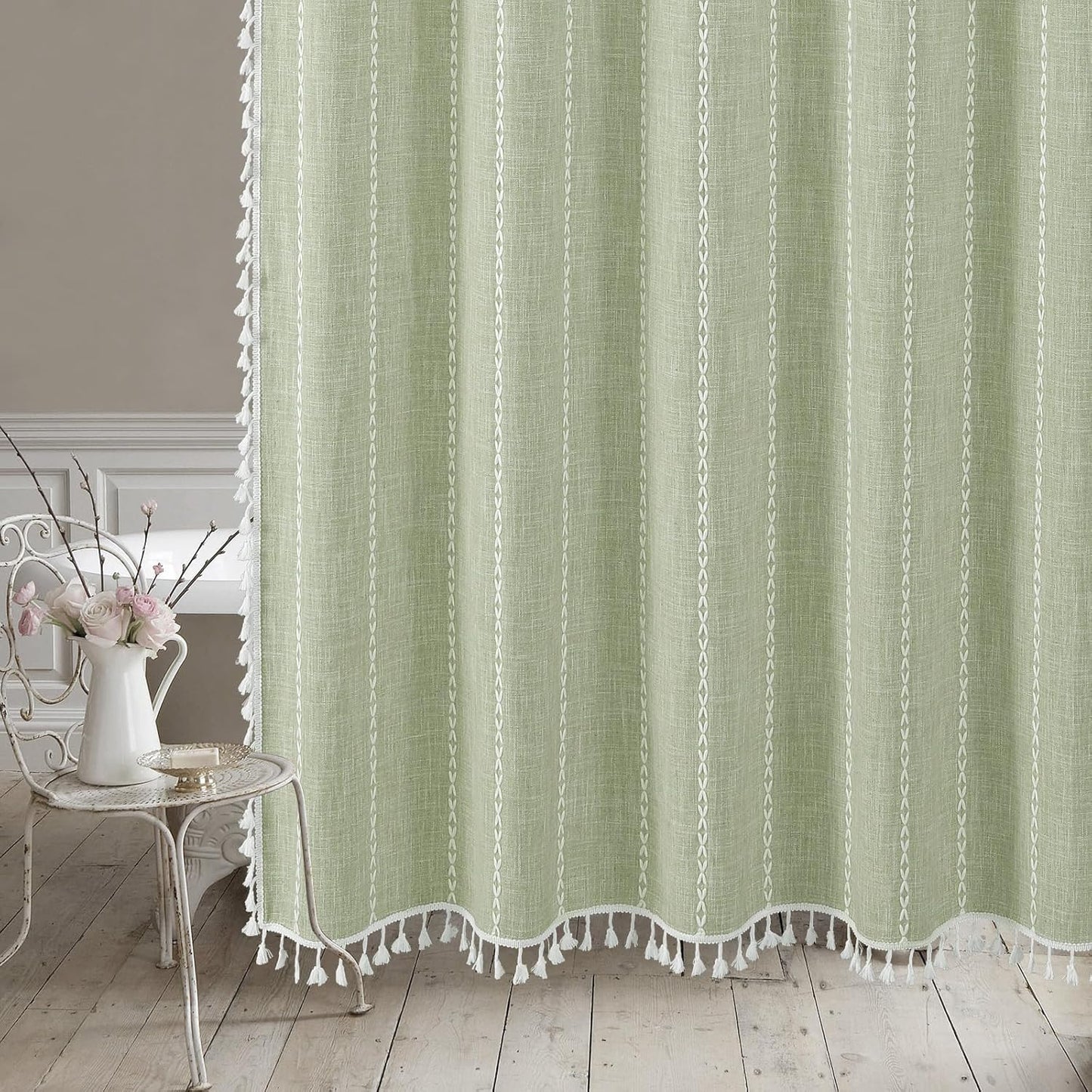 MitoVilla Boho Extra Long Shower Curtain 72 x 96, SageGreen Modern Farmhouse 96 inch XL Polyester Linen Texture Tassel Fabric Shower Curtain Set with Hooks for Cottagecore Country Bathroom Decor