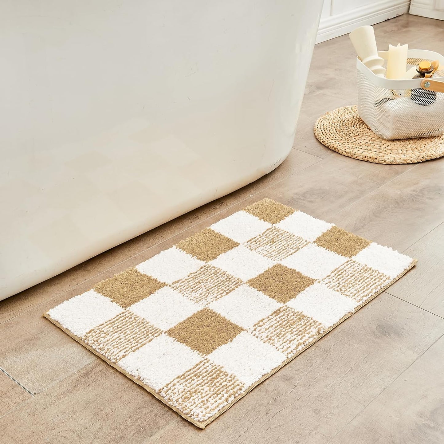CozeCube Bath mats for Bathroom Non Slip, Fluffy Absorbent Microfiber Bath mat Washable, Aesthetic Bathroom Rugs, Small Beige Checkered Bath mat, Beige, 24" x 16"