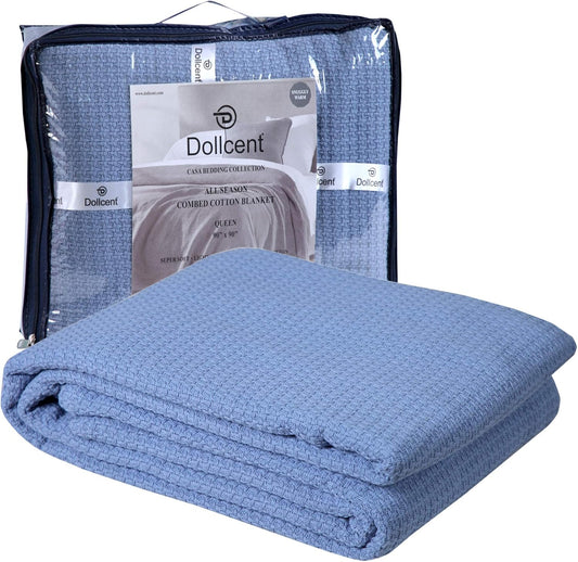 DOLLCENT 100% Cotton King Size Blanket for Bed, Premium Soft Combed Lightweight Blankets, Washed Breathable Cozy Bed Throw Blanket, Blue King Cotton Blankets for All Season: Blue (108"x90")