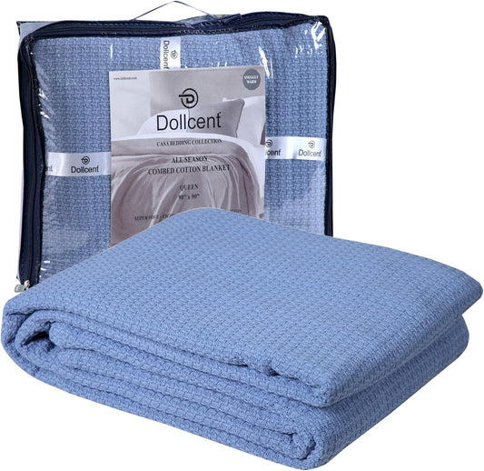 DOLLCENT 100% Cotton California King Size Blanket For Bed, Premium Combed Lightweight Blankets, Washed Breathable Cozy Bed Throw Blanket, Blue Cal King Cotton Blankets For All Season: Blue (102"x108")