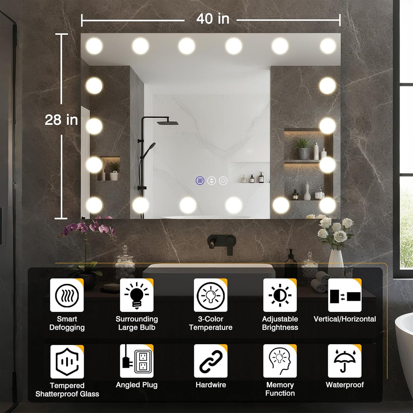 40x28 Hollywood LED Bathroom Vanity Mirror with Dimmable Bulbs, 3 Lighting Modes, Fogless Mirror, Shatter-Proof, Corrosion Proof, Smart Mirror, Memory, Wall Mountable, Horizontal/Vertical