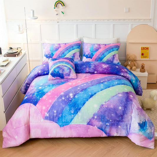 ANGIYUIN Tie Dye Blue Rainbow Comforter Set Queen Size 6 Pieces Gradient Glitter Girls Bed in A Bag Twinkle Nebula Comforter Bedding Set for All Season