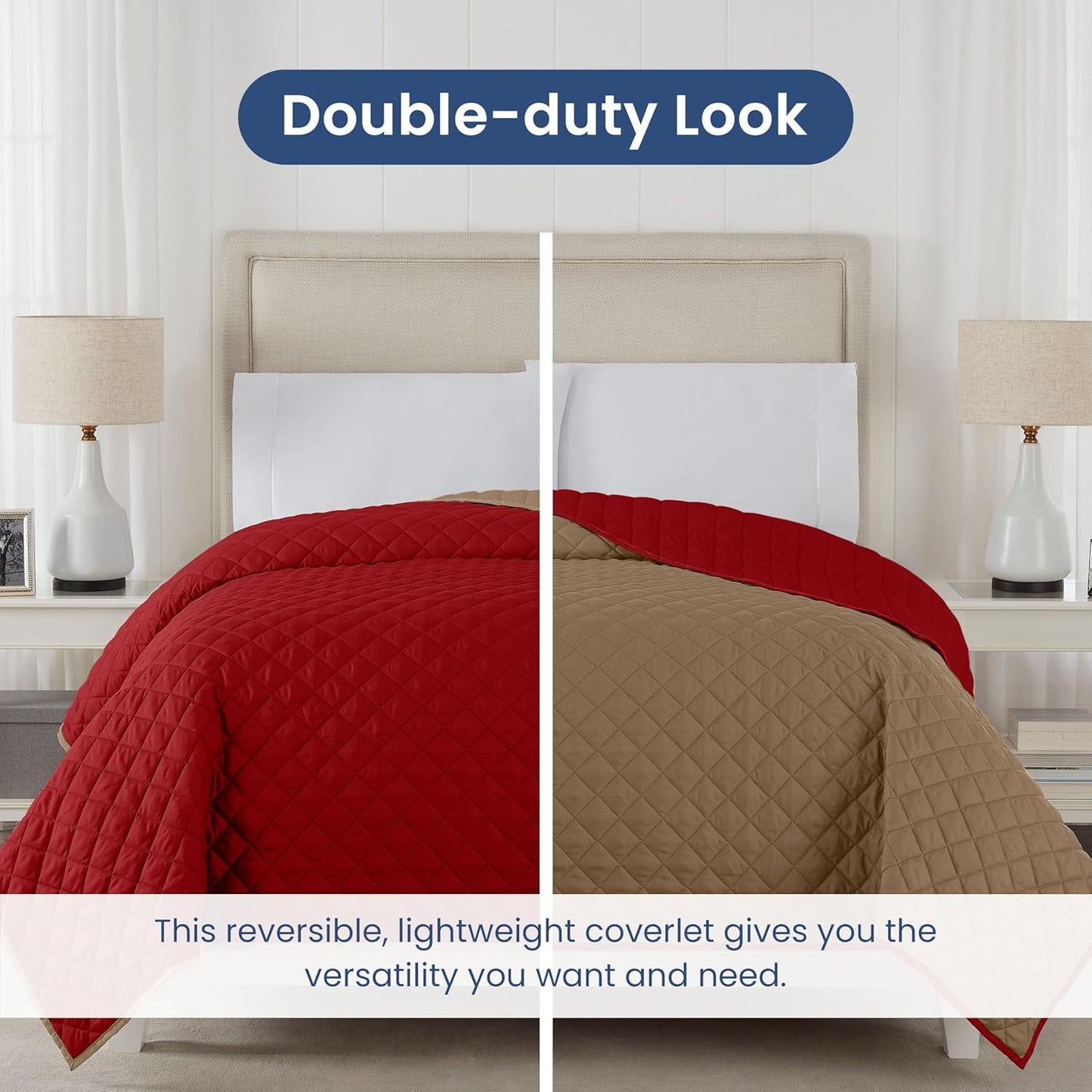 Martex Reversible Coverlet – King Bed Quilt – Lightweight King Size Bedding – Durable King Size Quilts for Bed – Soft - Easy Care Bedding – Khaki/Red