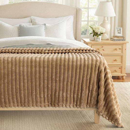 decorUhome Christmas Soft Fleece Brown Blanket Queen Size for Bed, Cozy Fluffy Plush Flannel Large Striped Throws for Couch Sofa, Lightweight Decorative Fuzzy Blanket for Woman, 90x90 Inches