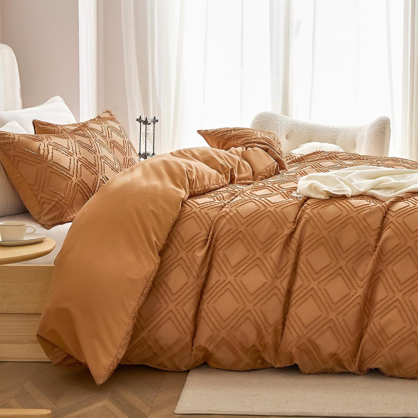 JELLYMONI Duvet Cover Full Size Rust - 3PCS Boho Duvet Cover Set Plaid Polyester Tufted Bohemian Jacquard Knit Textured Comforter Cover 80×90in Rhombic Geometric Pattern Corner Ties & Zipper