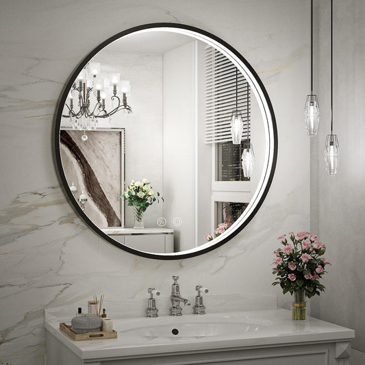 24" Round LED Bathroom Mirror, Dimmable Anti-Fog Vanity Mirror with Touch Control, 6000K Natural Light, Black Metal Frame, Wall Mounted for Makeup Shaving (IP54, 90+ CRI)