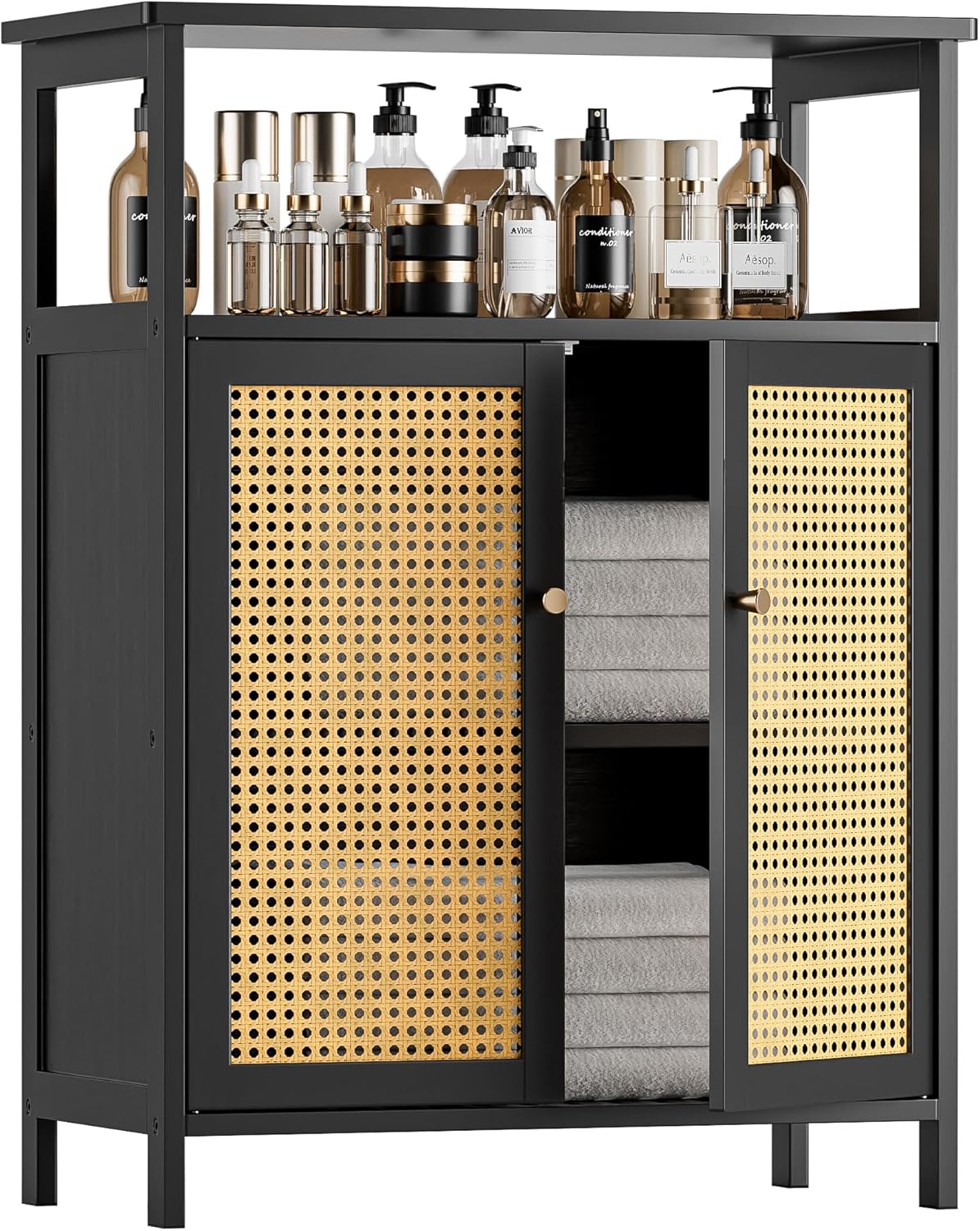 HITNET Bamboo Floor Cabinet, Bathroom Storage Cabinet with 2 Rattan Doors and Shelves, Space Saving Freestanding Kitchen Cupboard, Black