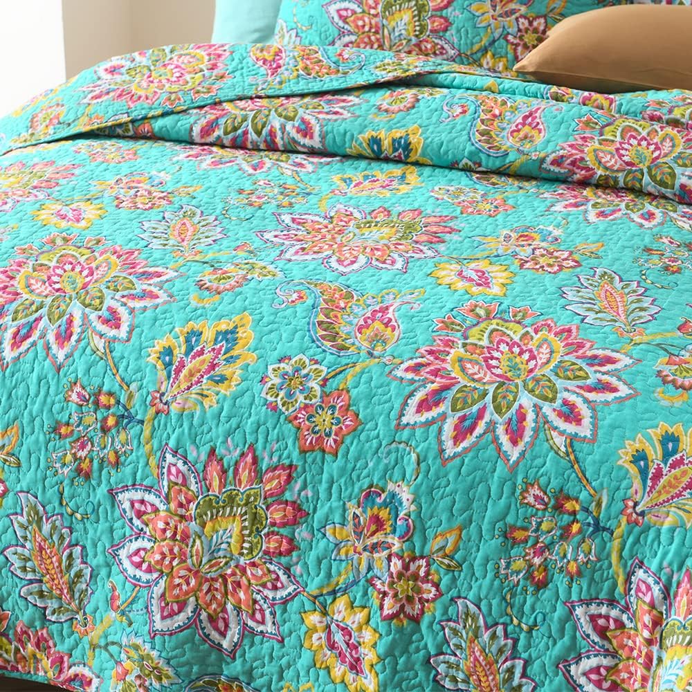 Cotton Bedspread Bedding Coverlet Quilt Sets, Reversible Vintage Branch Floral Bedspread comforters, (Vintage Turquoise Paisley Floral Pattern, Queen Size)