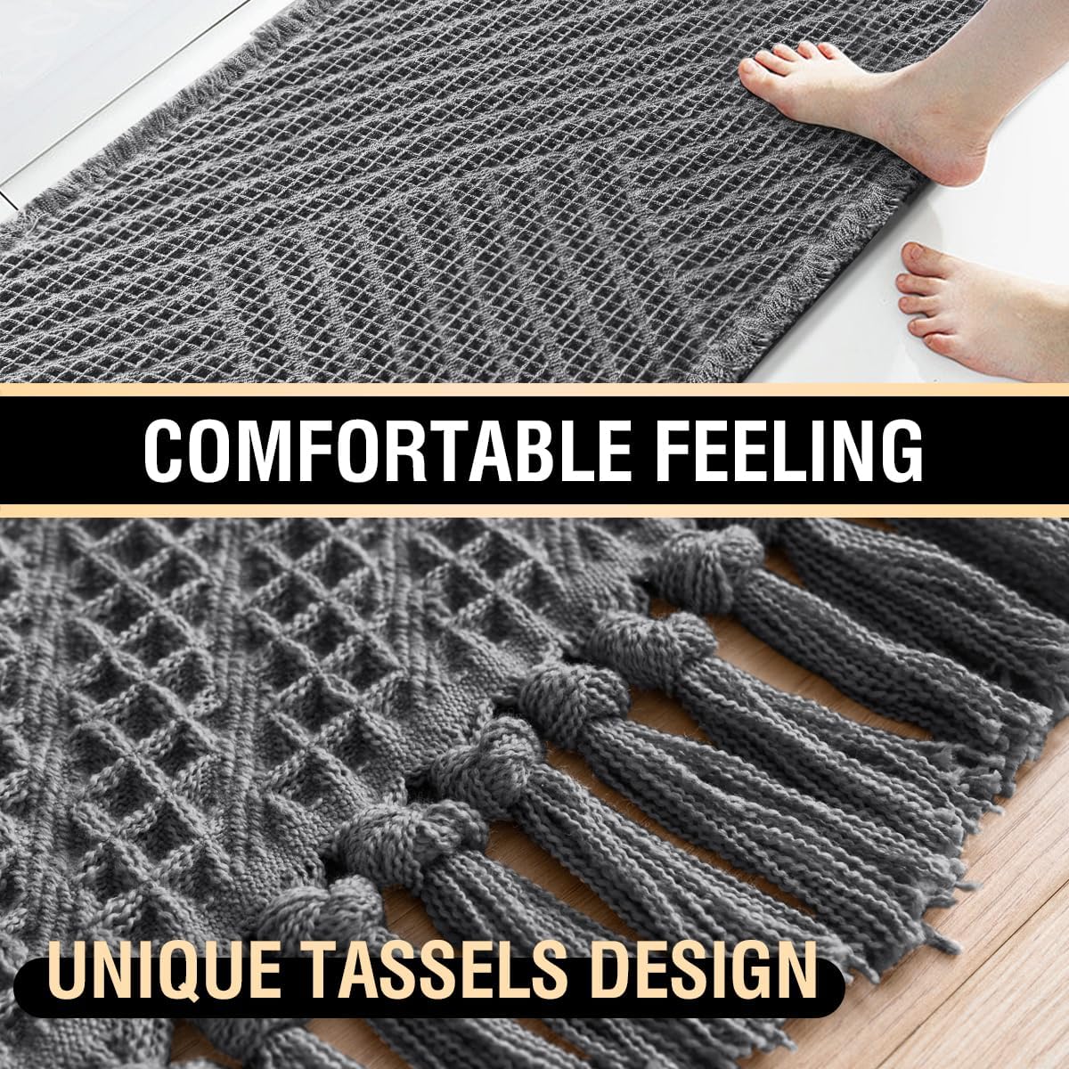 H.VERSAILTEX Waffle Bath Runner Rug Long Bath Mat Super Absorbent Boho Bath Rugs Non Slip Bath Runner for Bathroom Floor Machine Washable Dry Fast Bathroom Rugs with Tassels, 24" x 72", Gray