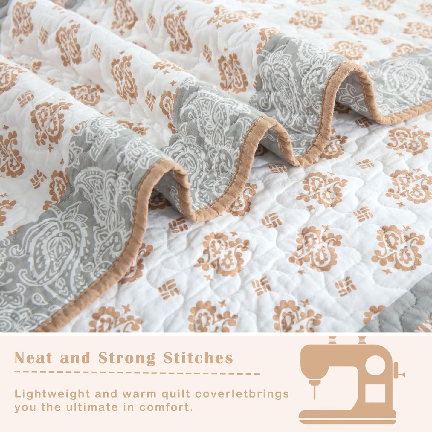 Terracotta Quilts Queen Size, Cotton Queen Comforter Set, Orange Grey Bedding, Lightweight Bedspread Machine Washable 3 Piece