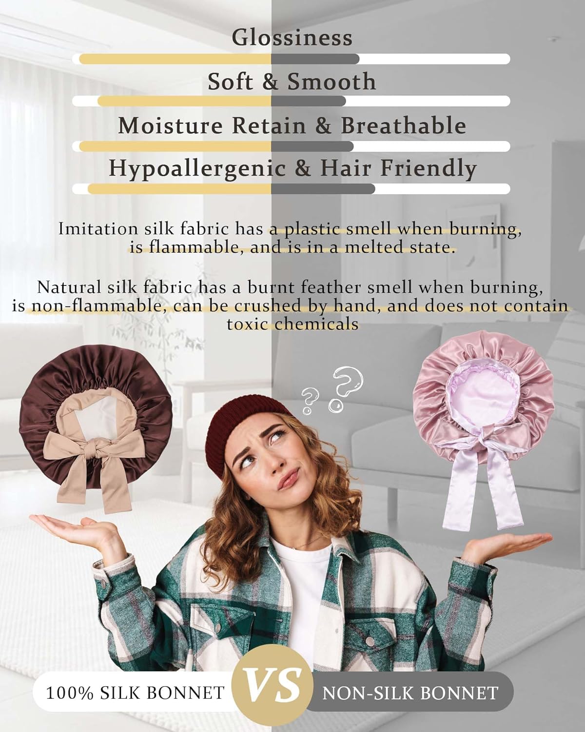 100% Mulberry Silk Bonnet for Sleeping Women Double Layer Silk Hair Bonnet Natural Silk Sleep Cap with Elastic Reversible Hair Wrap (Coffee + Champagne)
