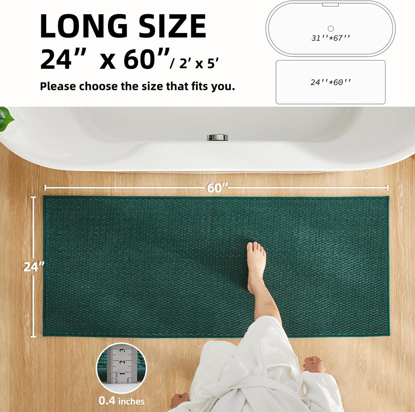Bathroom Runner Rug, Long Bath Mat Washable Thin Quick Dry Low Pile Bathroom Runner Rugs 24 x 60 Non Slip, Dark Green 24"x60"