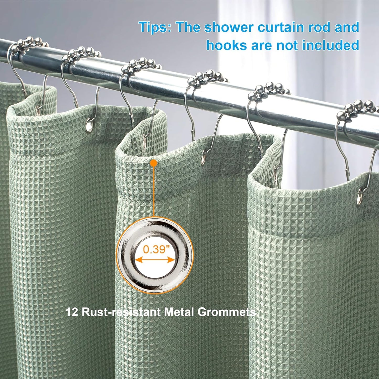 AmazerBath Waffle Shower Curtain, Sage Green Fabric, Long With Waffle Weave Heavy Duty Hotel Quality for Bathroom, 72 x 78 Inches