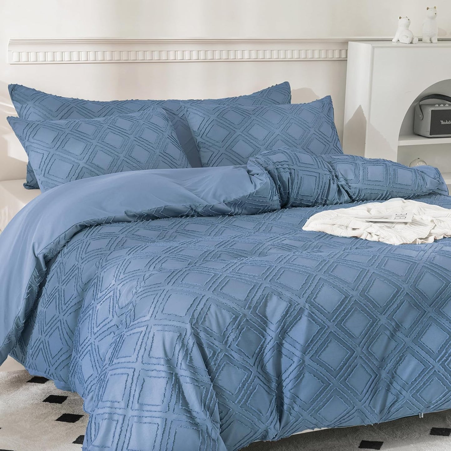 JELLYMONI Duvet Cover King Size Blue - 3PCS Boho Duvet Cover Set Plaid Polyester Tufted Bohemian Jacquard Knit Textured Comforter Cover 104×90in Rhombic Geometric Pattern Zipper Corner Tie