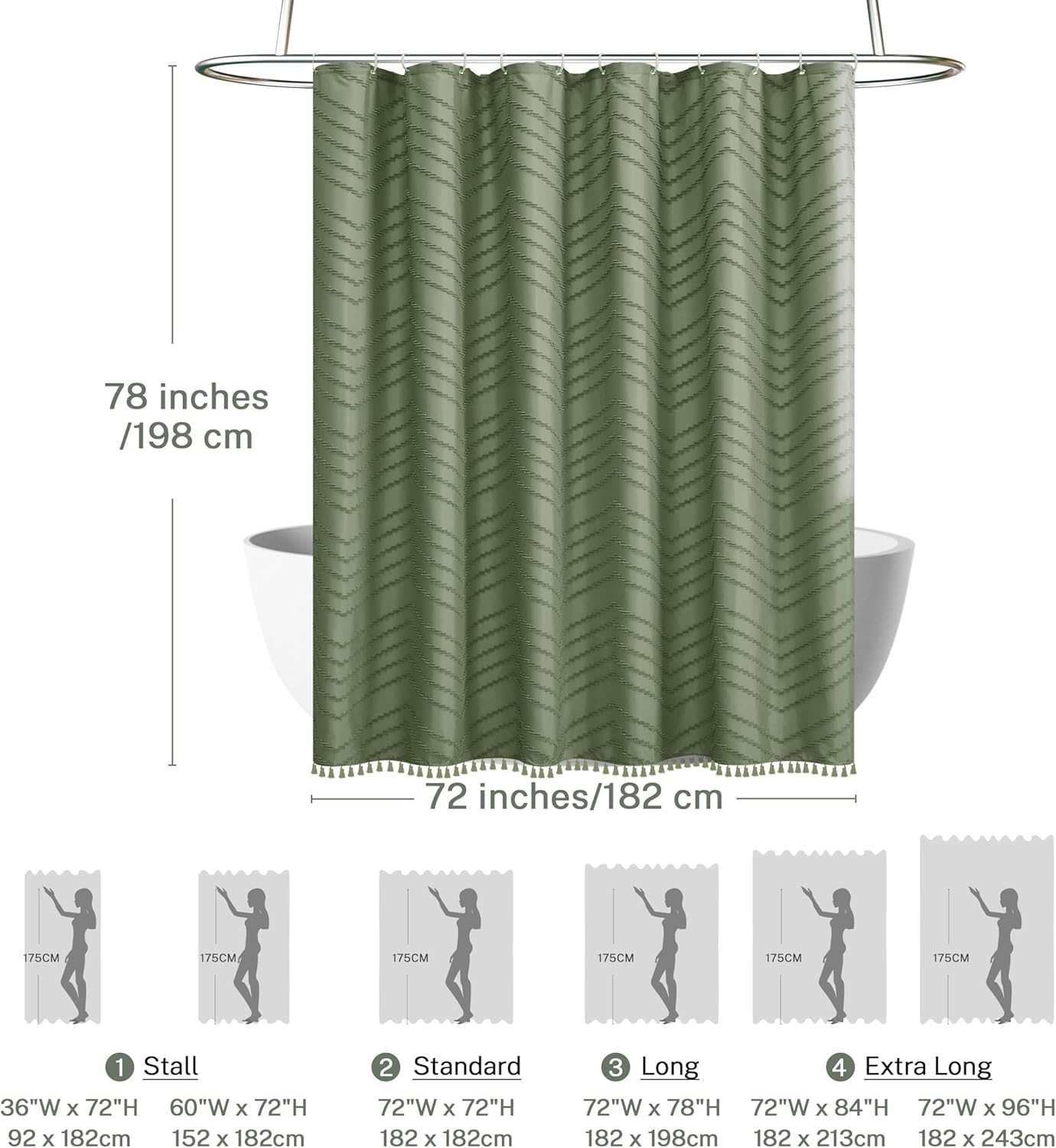Boho Extra Long Sage Green Shower Curtain with Tassel, Woven Fabric, Tufted Chevron Striped, 72 x 78, Modern Chic Textured Minimalist