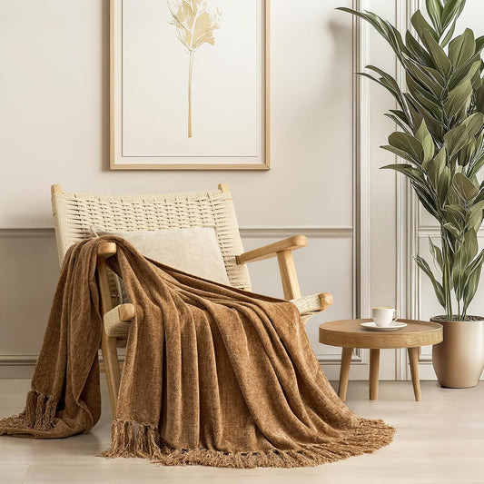 EVERGRACE Soft Chenille Throw Blanket for Couch, Cozy Plush Fuzzy Decorative Chenille Knit Throw Blanket with Tassels, Lightweight Blanket and Throws for Bed Sofa Gift Home Decor, Khaki 60"x80"