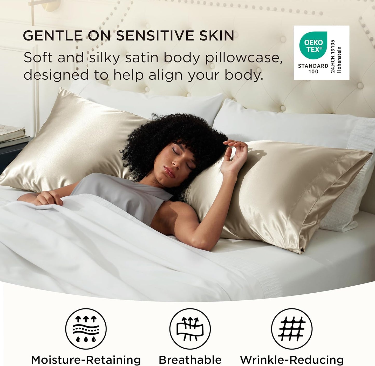 Bedsure Body Pillow Cover 20x54 Inches - Khaki Satin Similar to Silk Pillowcase for Hair and Skin, Cooling and Silky Long Body Pillow Pillowcase with Envelope Closure, Gifts for Women Men