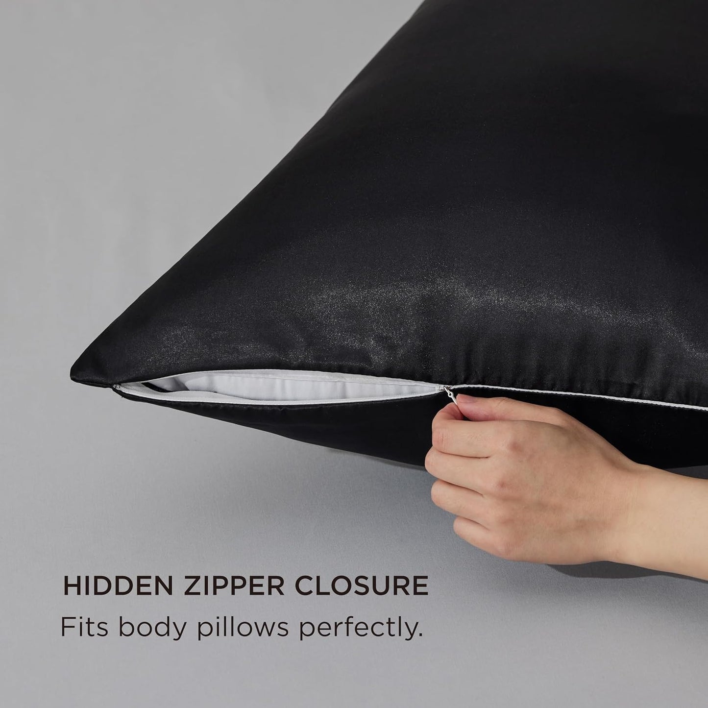 Bedsure Satin Body Pillow Pillowcase, Similar to Silk Body Pillow Cover with Zipper, Soft & Breathable Long Pillow Case, Cooling & Silky Long Pillowcase for Hair and Skin, Gifts, Black, 20x54 Inches