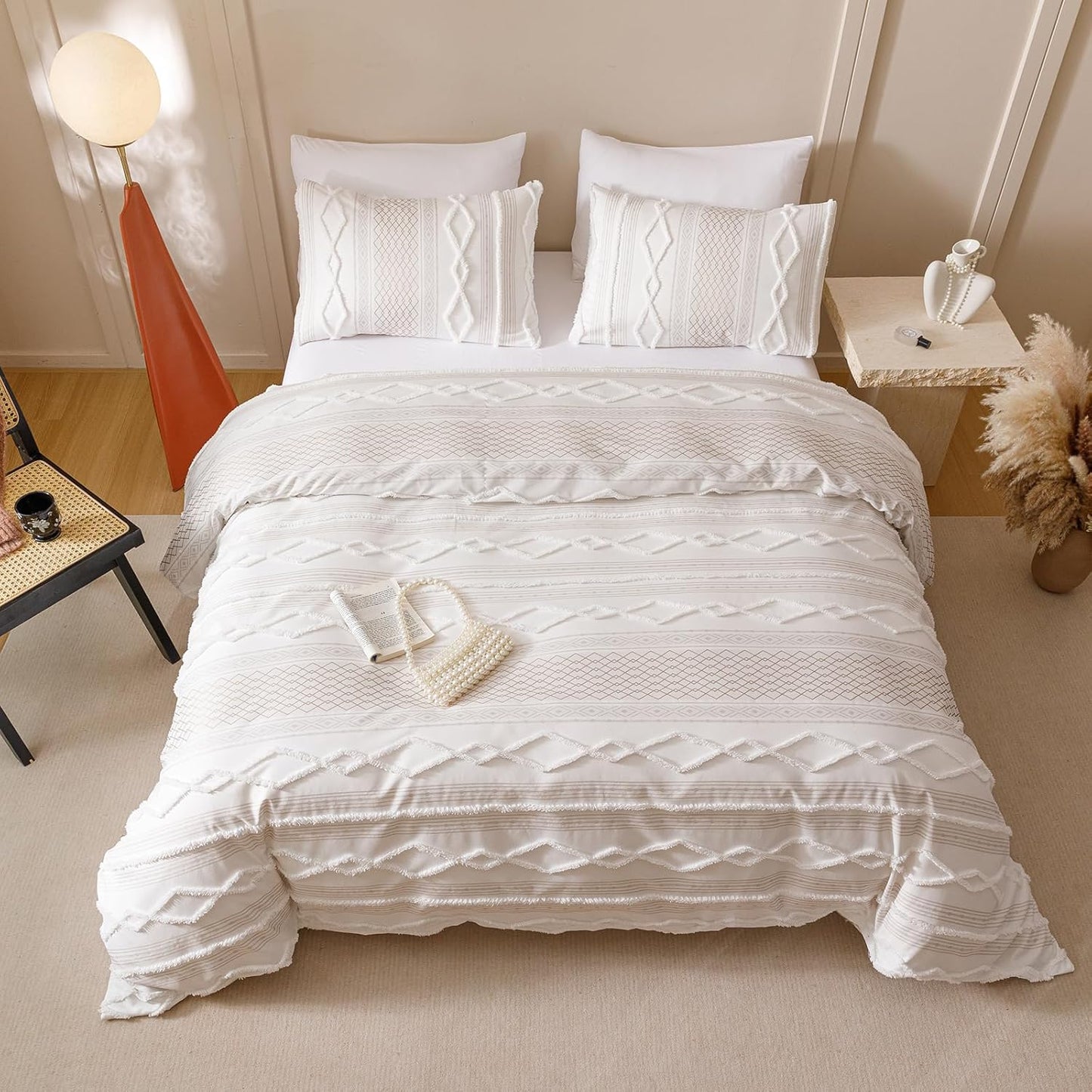 KAREVER Ivory Boho Comforter Set Queen Mixed Textures Jacquard Bedding Set Durable Chic and Stylish Bedroom Set