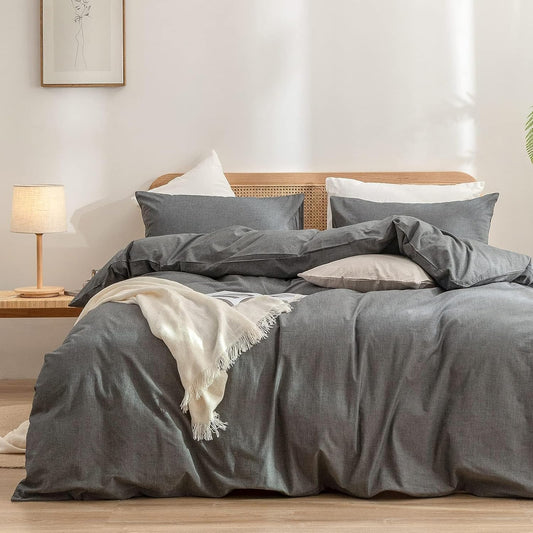 BESTOUCH Duvet Cover Set 100% Washed Cotton Linen Feel Super Soft Comfortable Chic Lightweight 3 PCs Home Bedding Set Solid Dark Grey Oversized Full