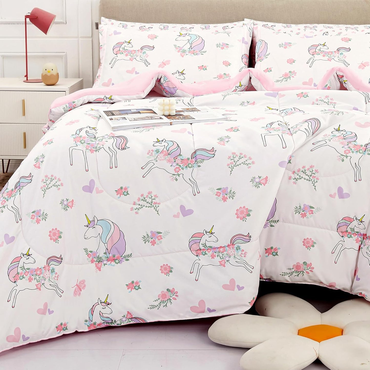 Viviland Kids Twin Bedding Sets for Girls, Soft Twin Comforter Set with Sheets, 5 Pieces Microfiber Bed in a Bag, White Unicorn