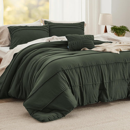 Bedsure California King Comforter Set - 4 Pieces Pinch Pleat Bed Set, Olive Green Boho Bedding for All Season, 1 Soft Comforter, 2 Pillowcases, 1 Decorative Pillow