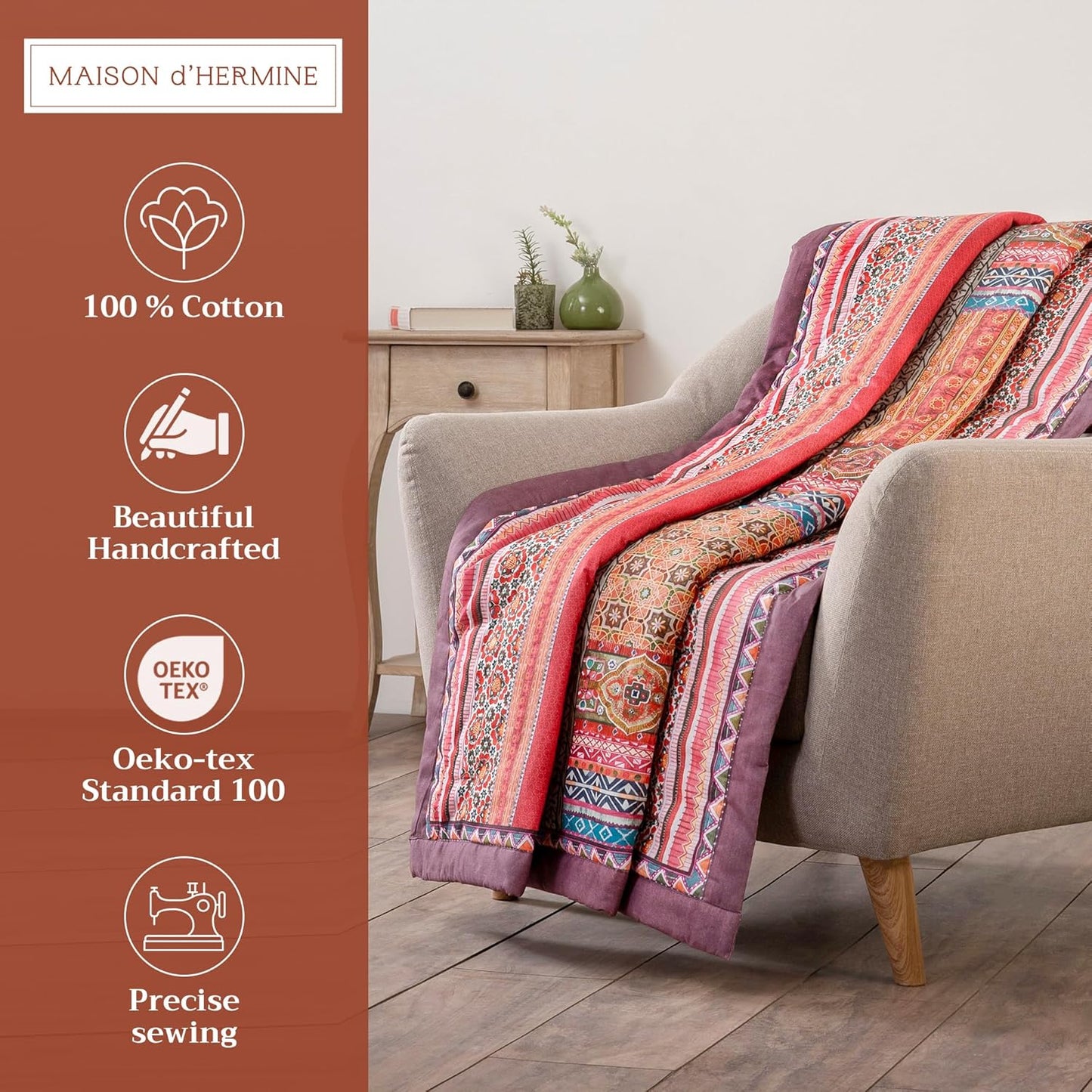 Maison d' Hermine Throw Blanket for Couch Lightweight Soft Warm Breathable Cotton Throw Blankets for Bed Girls Boys Women Men Gifts Sofa Travel Living Room Chair Bedding (50"x60", Ispahan)