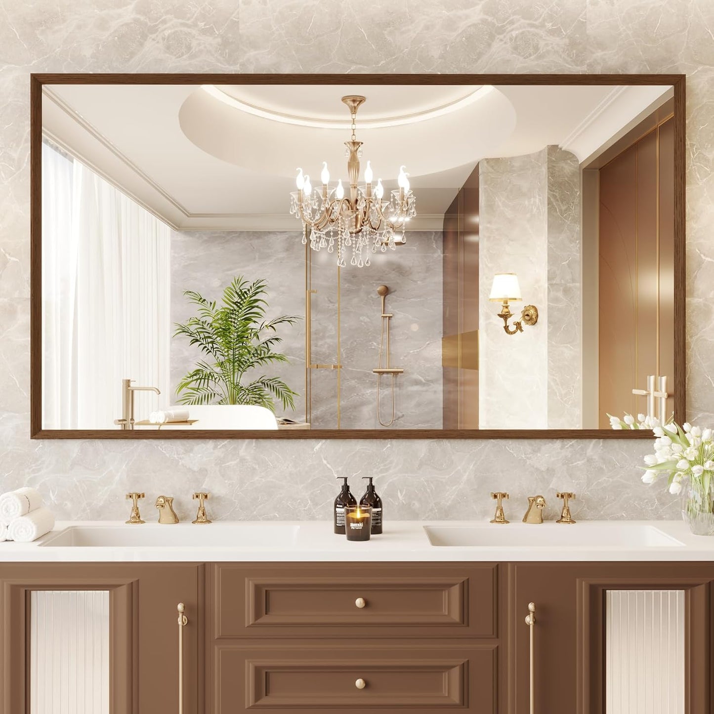 Rectangle Walnut Bathroom Mirror 55x30 Inch, Anti-Rust 4MM Tempered Glass, Modern Vanity Mirror for Bathroom, Horizontal or Vertical Wall Mount