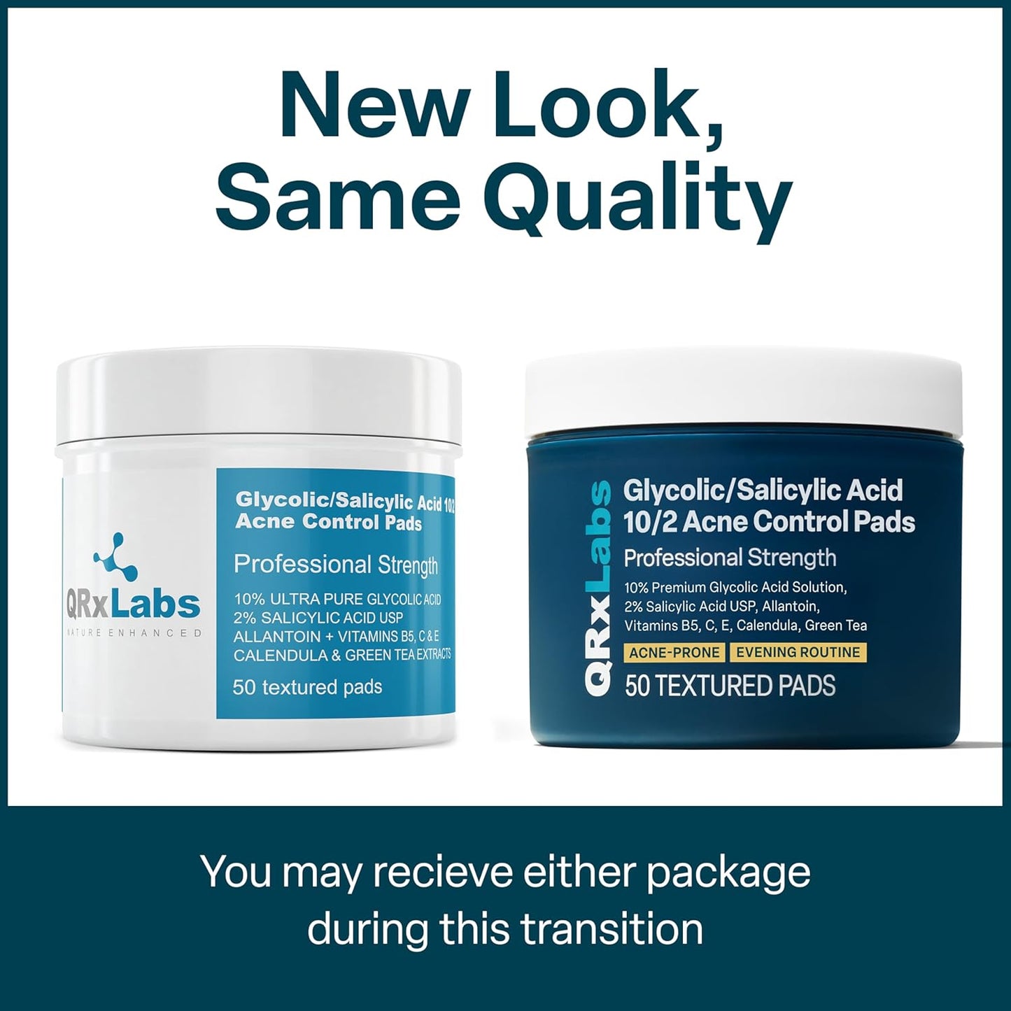 QRxLabs Salicylic & Glycolic Acid Pads (2% Salicylic & 10% Glycolic) - 50 Count Jar - Exfoliating Pads for Acne & Bacne Treatment with Vitamins B5, C & E & Calendula & Green Tea