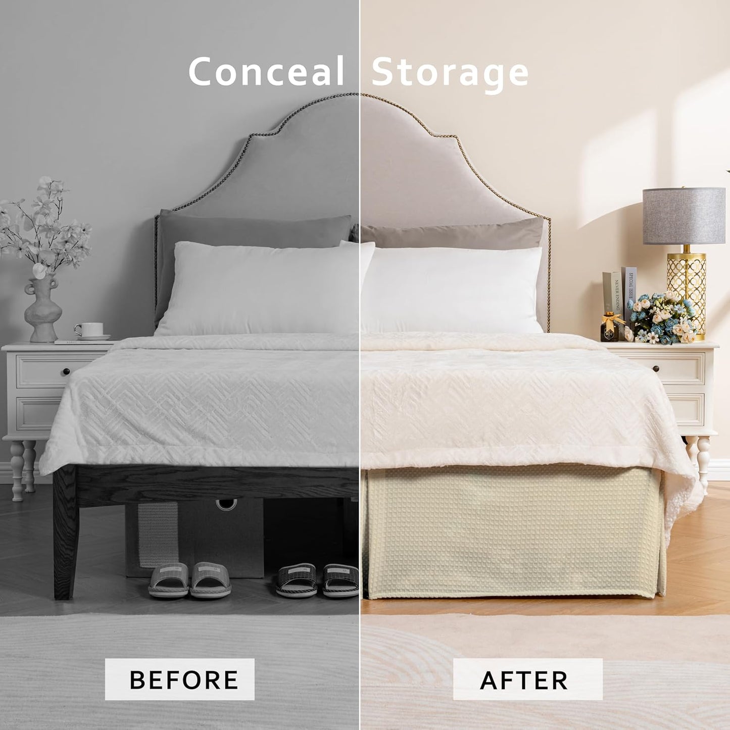 MIYE Pleated Waffle Weave Bed Skirt, Tailored Dust Ruffle 14 Inch Drop Easy Fit, Machine Washable,No Split Corners (Light Beige, King - 14" Drop)