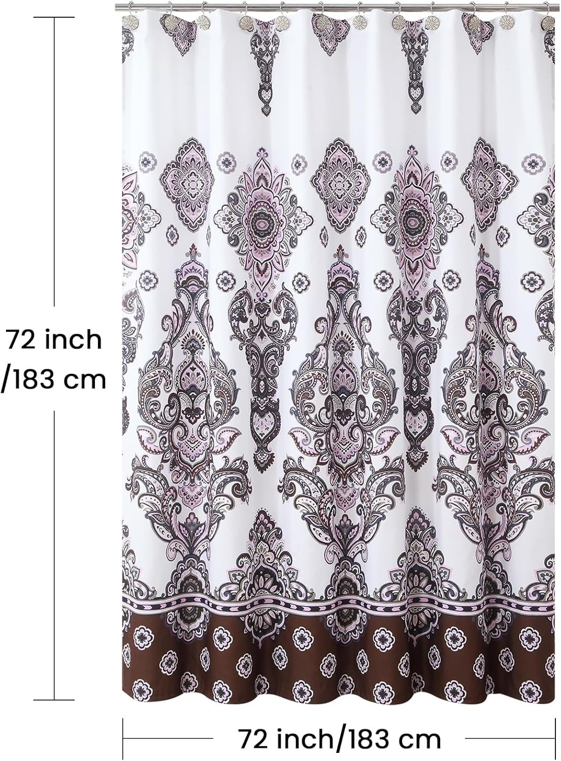 Luxury Shower Curtain, White Bath Curtain with Baroque Brown & Pink Paisley Medallion Print, Waterproof Soft Polyester Fabric, 72" W x 72" H