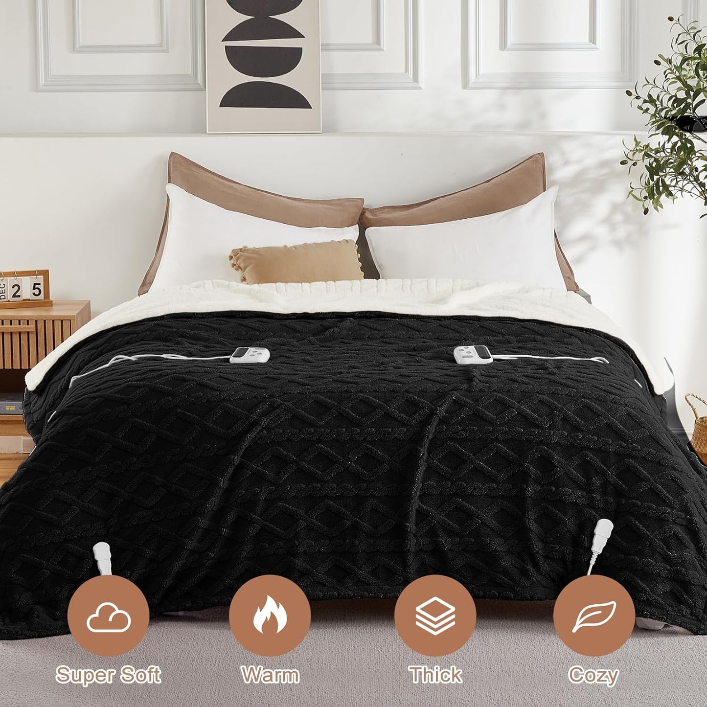 CAROMIO Electric Blanket King Size Dual Control - Thick Tufted Sherpa Heated Blanket King with 10 Heating Levels and 10 Time Settings, ETL Certified Fast Heating Blanket King Size 90"×100", Black