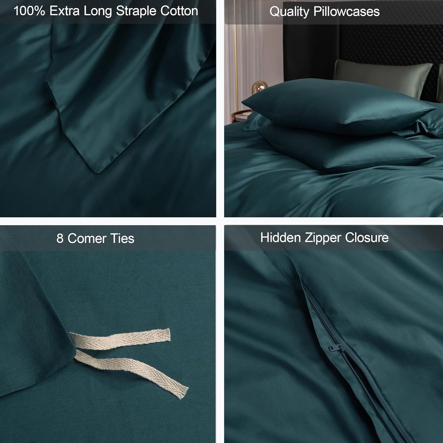 MooMee Duvet Cover Set 100% Extra Long Staple Cotton 600 Thread Count Silky Sateen Smooth Luxury Soft Breathable Durable Hotel Quality Bedding, 3 Pieces (Teal Green, King 104"x90")