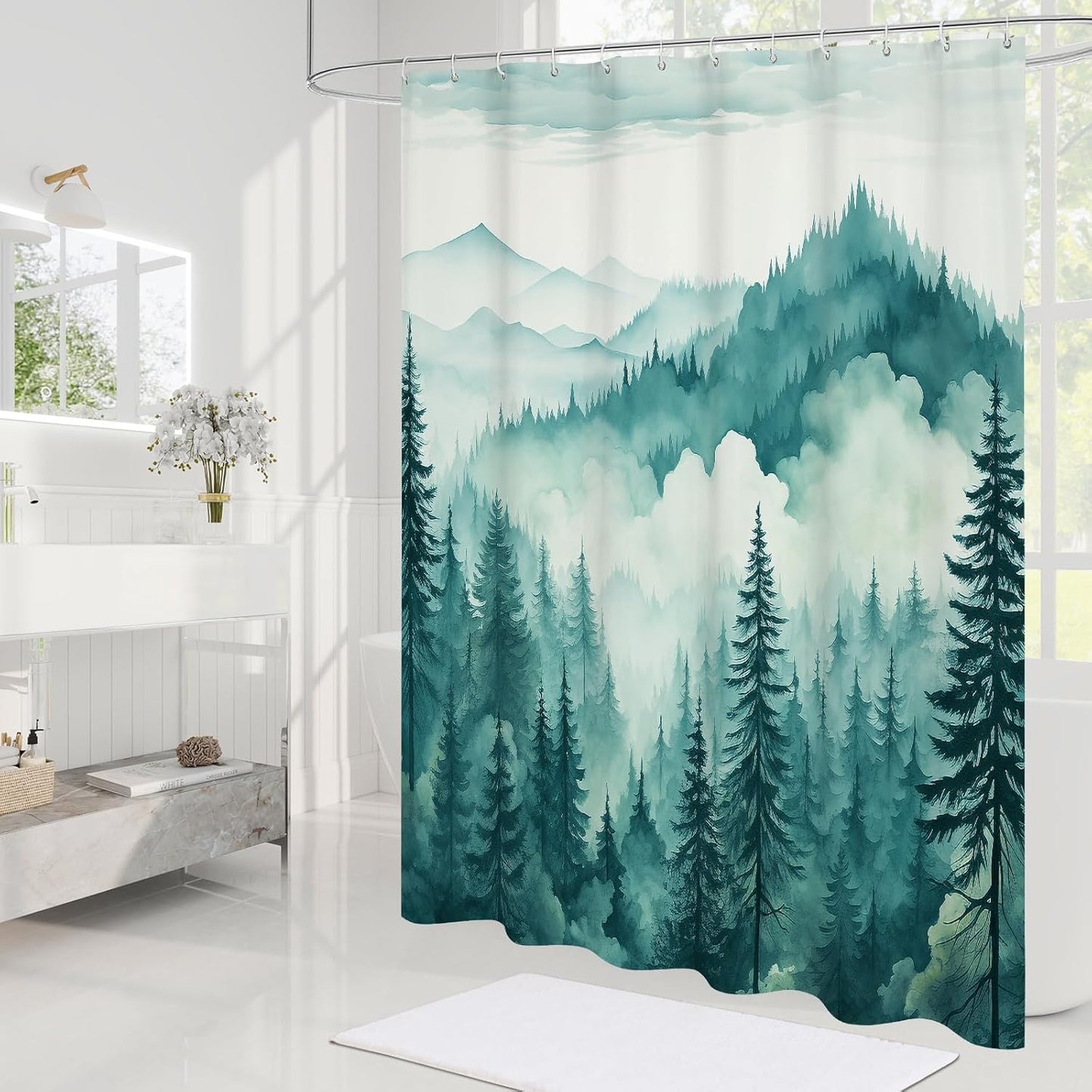 Teal Blue Long Misty Pine Forest Shower Curtain 72 x 78, Mountain Foggy Woodland Scenery Tree 78 Inch Long Shower Curtains for Bathroom, Turquoise Abstract Waterproof Nature-Themed Decor